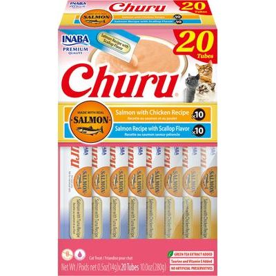 Churu Salmón con Puré de Pollo, Golosinas para lamer para gatos sin cereales, tubo de 0.5 oz, 24 unidades