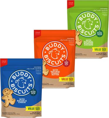 Paquete variado: galletas Buddy con tocino y queso, golosinas horneadas para perros, sabores a pollo y mantequilla de maní.