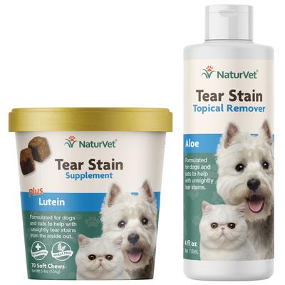 Bundle: NaturVet Tear Stain Plus Lutein Soft Chews Vision Supplement, 70 count + Remover Dog & Cat Liquid Topical Formula, 4-oz bottle
