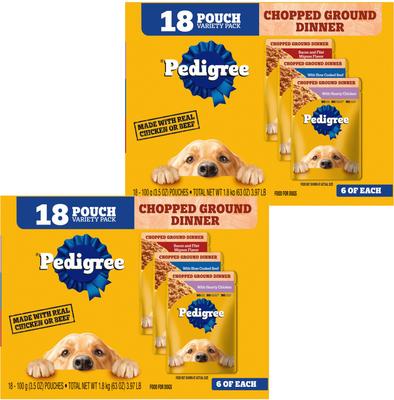 Paquete variado de comida húmeda para perros Chopped Ground Dinner con pollo, filete miñón y carne de res, bolsa de 3.5 oz, paquete de 36
