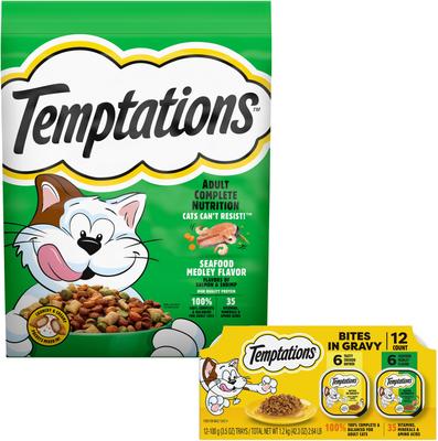 Bundle: Temptations Bites in Gravy Flavor Variety Wet Food + Seafood Dry Cat Food