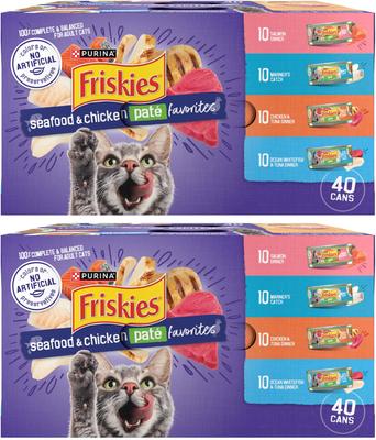 Purina Friskies Seafood & Chicken Pate Favorites Variety Pack Wet Cat Food, 5.5-oz can, case of 80
