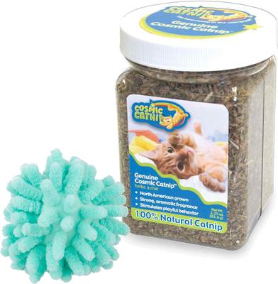 Bundle: OurPets Cosmic Catnip, 2.25-oz jar & Frisco Moppy Ball Cat Toy, Blue