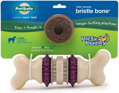 Bundle: Busy Buddy Bristle Bone Treat Dispenser Dog Chew Toy + Peanut Butter & Rawhide Variety Pack Refill Rings Dog Treat, 24 count