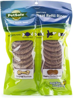 Bundle: Busy Buddy Bristle Bone Treat Dispenser Dog Chew Toy + Peanut Butter & Rawhide Variety Pack Refill Rings Dog Treat, 24 count