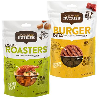 Bundle: Rachael Ray Nutrish Savory Roasters Roasted Chicken + Burger Bites, Beef Burger with Bison Dog Treats, 5-oz bag
