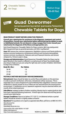 Quad Dewormer for Hookworms, Roundworms, Tapeworms & Whipworms for Medium Breed Dogs, 2 count