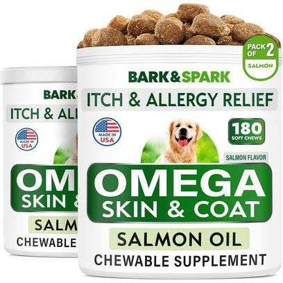 Alivio de alergias y picazón con Omega 3 para piel y pelaje con aceite de salmón, suplemento masticable para perros y gatos, 180 unidades