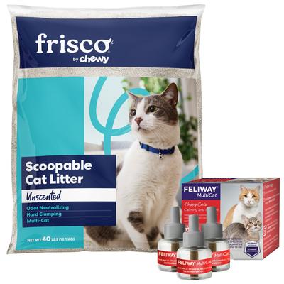 Paquete: Repuesto de difusor calmante para gatos Feliway MultiCat (3 unidades) + Arena aglomerante de arcilla sin aroma Frisco Multi-Cat