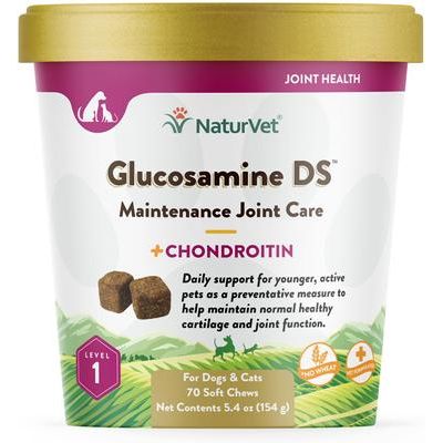 NaturVet, Maintenance Joint Care Glucosamine DS, glucosamina, condroitina y omegas para articulaciones de perros y gatos, tabletas y masticables, 60–240 unidades