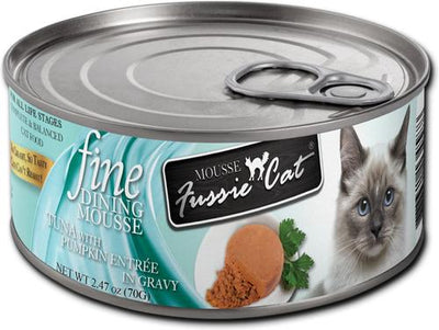 Comida húmeda para gatos Fine Dining Mousse de atún con calabaza, lata de 2.47 oz, caja de 24