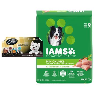 Paquete: Bandejas de comida variadas de pollo, verduras y estofado de res de cocción lenta Cesar Home Delights + alimento seco para perros Iams MiniChunks Small Kibble