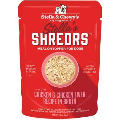 Alimento húmedo para perros adultos Stella’s Shredrs con pollo y salmón en caldo, sin jaula, bolsa de 2.8 oz, caja de 24