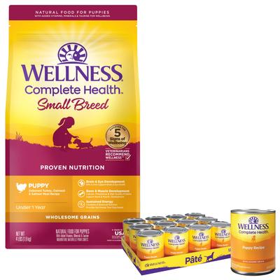 Paquete: Alimento seco para perros Wellness Small Breed Complete Health Puppy con receta de harina de pavo, avena y salmón, bolsa de 4 lb + Alimento enlatado para perros Wellness Complete Health Just for Puppy, 12.5 oz, caja de 12