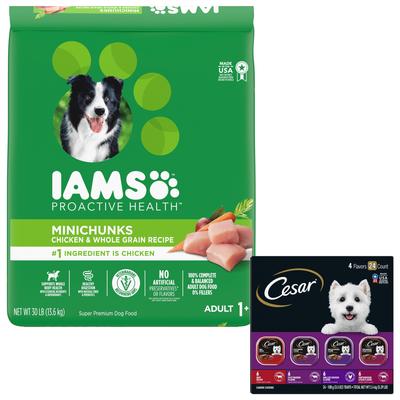 Bundle: Cesar Classic Loaf in Sauce Beef Recipe, Filet Mignon, Grilled Chicken, & Porterhouse Steak Flavors Variety Pack Food Trays + Iams MiniChunks Small Kibble Dry Dog Food