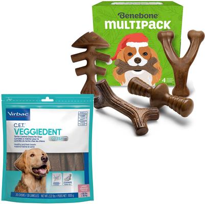 Bundle: Virbac C.E.T. VeggieDent Fr3sh Tartar Control Dog Chews + Benebone Multipack Durable Chew Toy