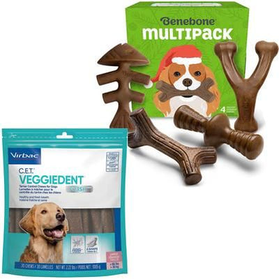 Paquete: Virbac C.E.T. VeggieDent Fr3sh - Masticables para perros para el control del sarro + Juguete masticable Benebone Multipack resistente