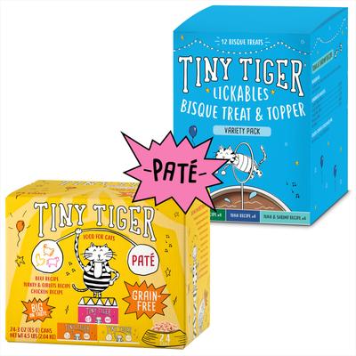 Bundle: Tiny Tiger Pate Beef & Poultry Variety Pack Canned Food + Lickables Variety Pack Bisque Cat Treat & Topper