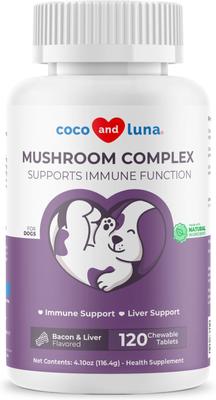 Complejo de hongos Coco and Luna, suplemento para el sistema inmunitario, sabor a tocino e hígado, 120 comprimidos masticables
