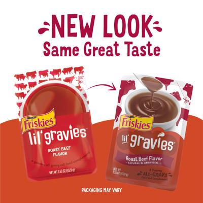 Complemento alimenticio para gatos con sabor a rosbif Lil' Gravies, bolsa de 1.55 oz, caja de 16