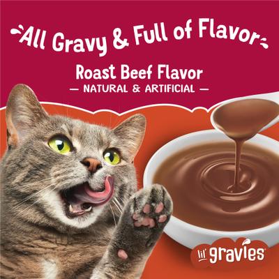 Complemento alimenticio para gatos con sabor a rosbif Lil' Gravies, bolsa de 1.55 oz, caja de 16