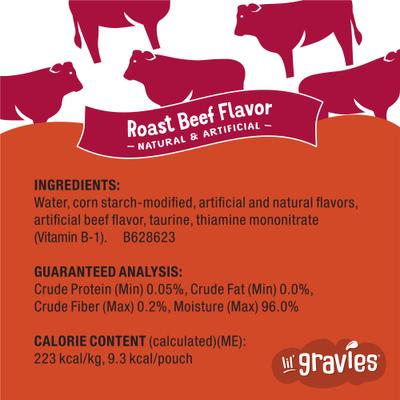 Complemento alimenticio para gatos con sabor a rosbif Lil' Gravies, bolsa de 1.55 oz, caja de 16