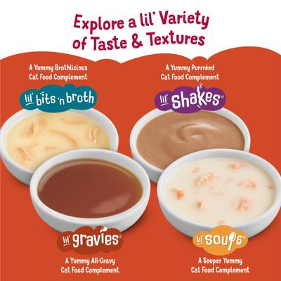 Complemento alimenticio para gatos con sabor a rosbif Lil' Gravies, bolsa de 1.55 oz, caja de 16