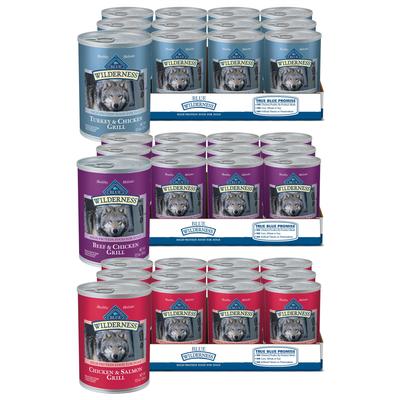 Bundle: Variety Pack - Blue Buffalo Wilderness Beef & Chicken Grill Grain-Free Canned Dog Food, 12.5-oz, case of 12, Salmon & Chicken & Turkey & Chicken Flavors