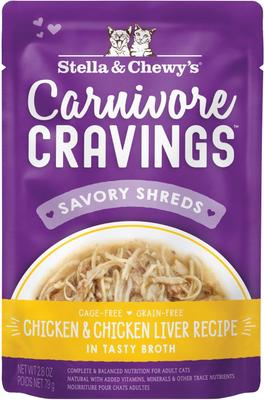 Carnivore Cravings Chicken & Chicken Liver Flavored Shredded Wet Cat Food, 2.8-oz pouch, case of 24