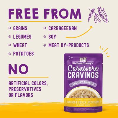 Carnivore Cravings Chicken & Chicken Liver Flavored Shredded Wet Cat Food, 2.8-oz pouch, case of 24