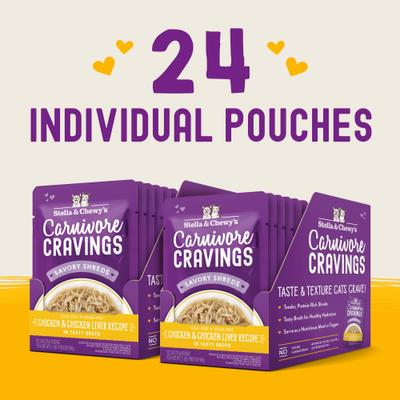 Carnivore Cravings Chicken & Chicken Liver Flavored Shredded Wet Cat Food, 2.8-oz pouch, case of 24