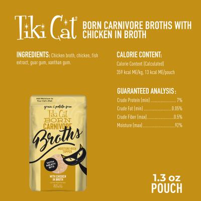 Caldos Born Carnivore con pollo en caldo, alimento húmedo sin cereales para gatos, bolsa de 1.3 oz, caja de 12