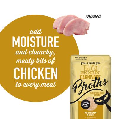 Caldos Born Carnivore con pollo en caldo, alimento húmedo sin cereales para gatos, bolsa de 1.3 oz, caja de 12