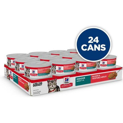 Alimento húmedo para gatos adultos de interior con mezcla de salmón y verduras picadas, lata de 5.5 oz, 24 unidades