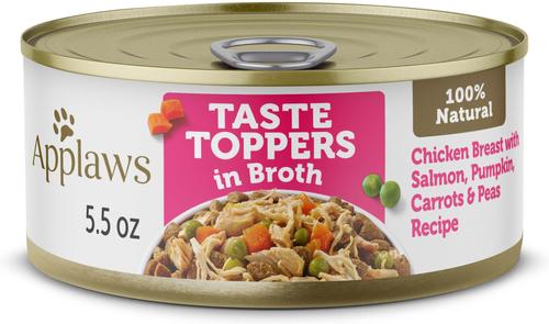 Taste Toppers - Alimento húmedo natural para perros con pechuga de pollo, salmón y verduras en caldo, bolsa de 5.5 oz, caja de 12