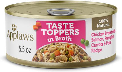 Taste Toppers - Alimento húmedo natural para perros con pechuga de pollo, salmón y verduras en caldo, bolsa de 5.5 oz, caja de 12
