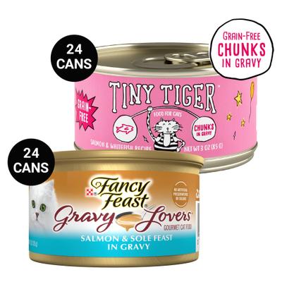 Bundle: Tiny Tiger Chunks in Gravy Salmon & Whitefish Recipe Grain-Free Canned Cat Food, 3-oz, case of 24 + Fancy Feast Gravy Lovers Salmon & Sole Feast in Seared Salmon Flavor Gravy Canned Cat Food, 3-oz, case of 24