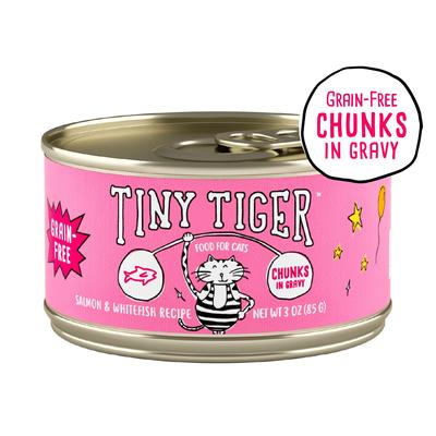 Bundle: Tiny Tiger Chunks in Gravy Salmon & Whitefish Recipe Grain-Free Canned Cat Food, 3-oz, case of 24 + Fancy Feast Gravy Lovers Salmon & Sole Feast in Seared Salmon Flavor Gravy Canned Cat Food, 3-oz, case of 24