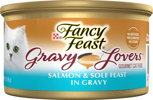 Bundle: Tiny Tiger Chunks in Gravy Salmon & Whitefish Recipe Grain-Free Canned Cat Food, 3-oz, case of 24 + Fancy Feast Gravy Lovers Salmon & Sole Feast in Seared Salmon Flavor Gravy Canned Cat Food, 3-oz, case of 24
