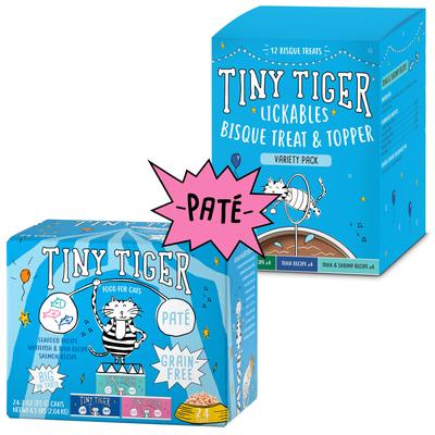 Bundle: Tiny Tiger Pate Seafood Variety Pack Canned Food + Lickables Variety Pack Bisque Cat Treat & Topper