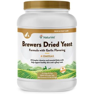NaturVet, Brewers Dried Yeast with Omegas, tabletas masticables con vitaminas B y omega-3, 6 y 9 para perros y gatos, sabor tocino ahumado, 500 / 1,000 / 5,000 tabletas