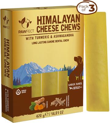 Himalayan Cheese Chews Large All Natural High-Protein Grain-Free with Turmeric & Ashwagandha-Indian Ginseng Dental Dog Treats, 3 count