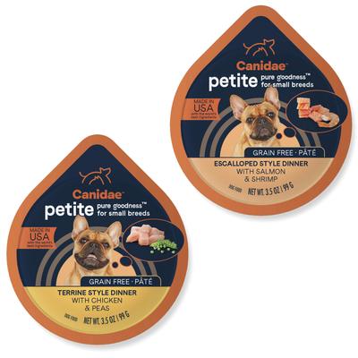 Bundle: CANIDAE PURE Petite Small Breed Terrine Style Dinner with Chicken & Peas + Small Breed Escalloped Style Dinner with Salmon & Shrimp Wet Dog Food Trays