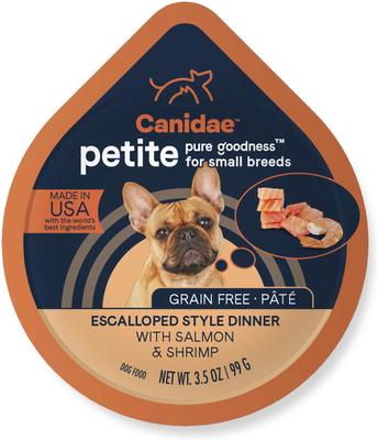 Bundle: CANIDAE PURE Petite Small Breed Terrine Style Dinner with Chicken & Peas + Small Breed Escalloped Style Dinner with Salmon & Shrimp Wet Dog Food Trays