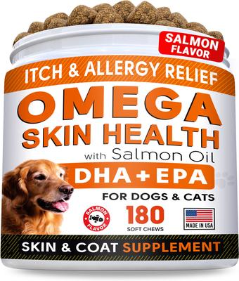 Allergy Relief & Itch Relief with Omega 3 Skin & Coat with Salmon Oil Chew Supplement for Dogs, 180 count
