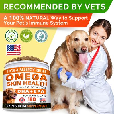 Allergy Relief & Itch Relief with Omega 3 Skin & Coat with Salmon Oil Chew Supplement for Dogs, 180 count