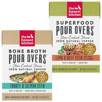 Bundle: The Honest Kitchen Bone Broth POUR OVERS Turkey & Salmon Stew + Superfood Lamb & Beef Stew with Veggies Wet Dog Food Topper