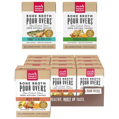 Paquete variado - Caldo de huesos para verter sobre la comida húmeda para perros con estofado de pollo The Honest Kitchen, 5.5 oz, caja de 12, sabores de pavo, salmón y carne de res
