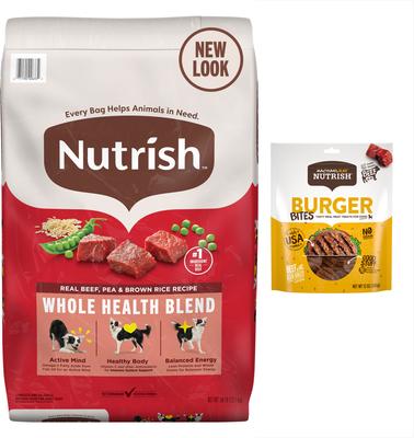 Paquete: Alimento seco Rachael Ray Nutrish con receta de carne de res, guisantes y arroz integral + Bocados de hamburguesa, hamburguesa de res con premios de bisonte para perros