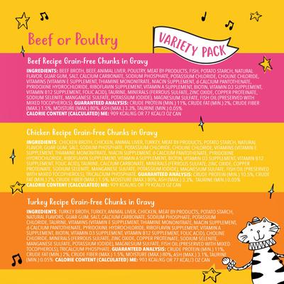 Grain-Free Chunks in Gravy Beef & Poultry Recipes Variety Pack Canned Cat Food, 3-oz can, case of 24
